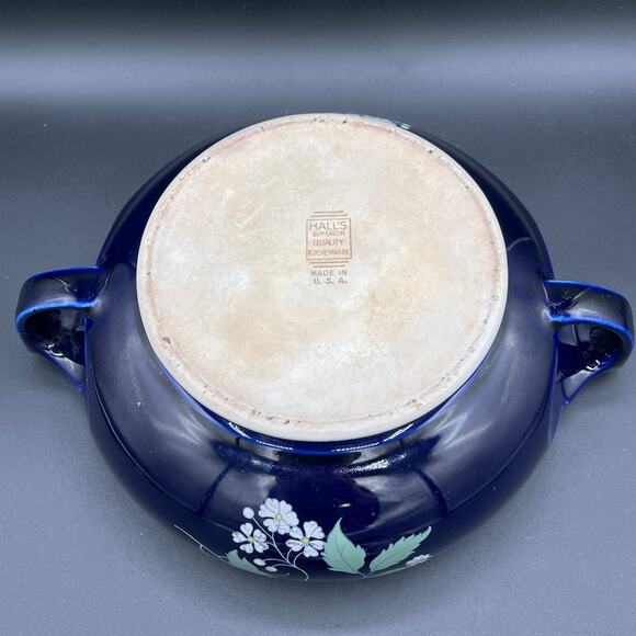 Vtg Hall China Sundial Casserole Dish with Lid - Cobalt Blue Garden Decal - Picture 9 of 10